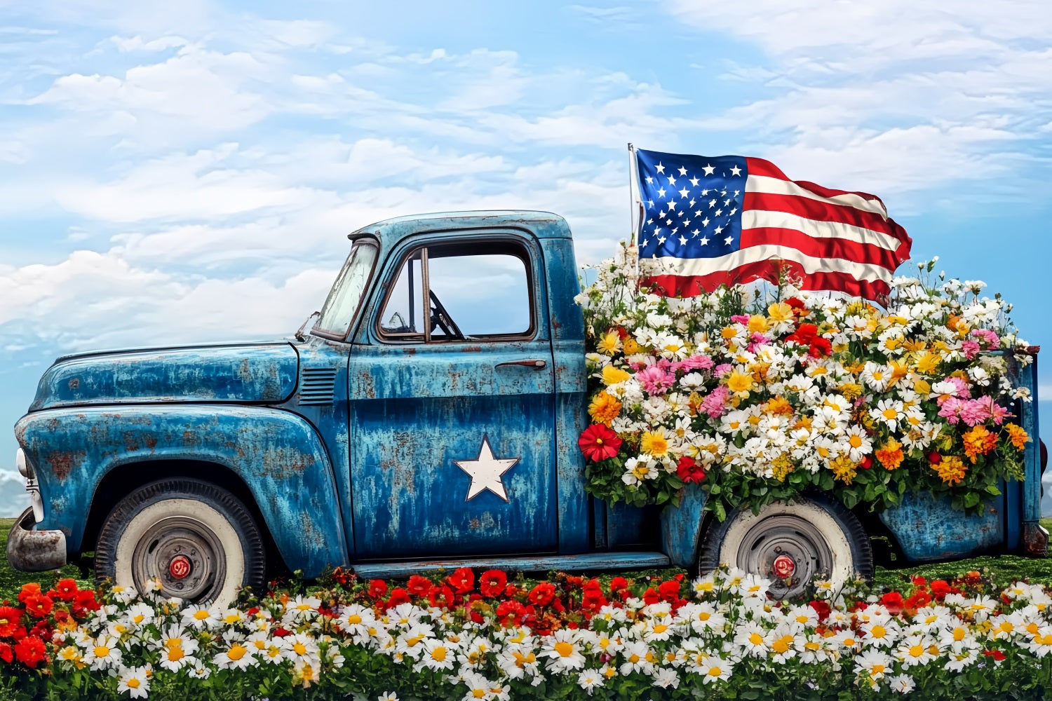 American Flag Patriotic Photo Backdrop Classic Blue Truck USA Flag Backdrop CSH58-211