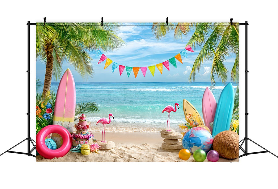 Summer Ocean Backdrop Colorful Flamingo Beach Summer Photo Backdrop CS