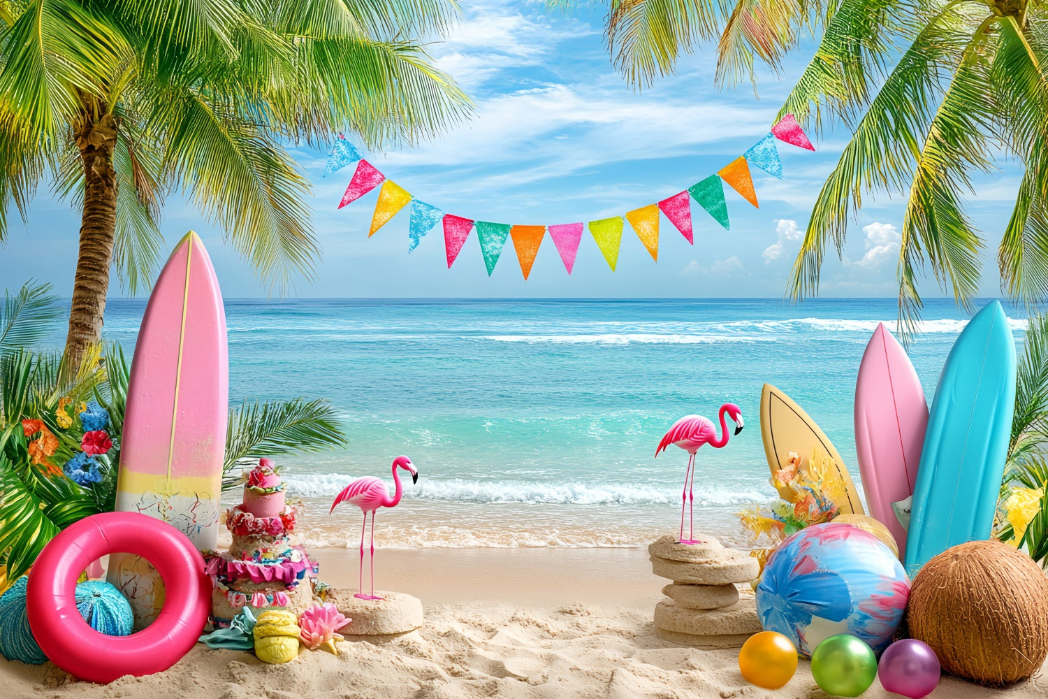 Summer Ocean Backdrop Colorful Flamingo Beach Summer Photo Backdrop CSH58-216