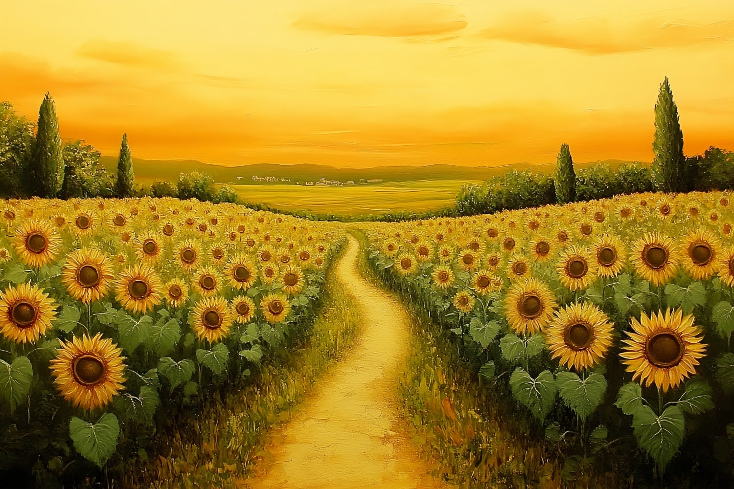 Fall Sunflower Backdrop Golden Sunset Sunflower Path Autumn Photo Backdrop CSH58-218