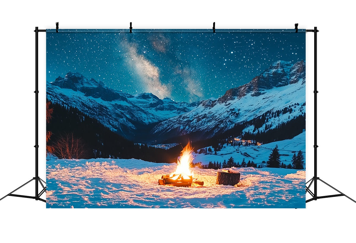 Winter Mountain Backdrop Starry Alpine Night with Campfire Winter Scene Backdrop CSH58-22