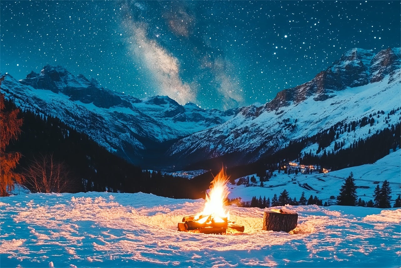 Winter Mountain Backdrop Starry Alpine Night with Campfire Winter Scene Backdrop CSH58-22