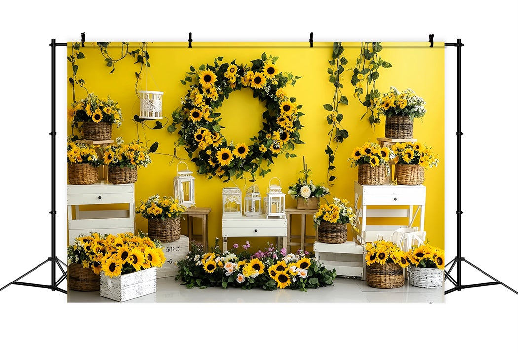 Autumn Sunflower Backdrop Bright Sunflower Wreath Display Fall Photography Backdrops CSH58-221