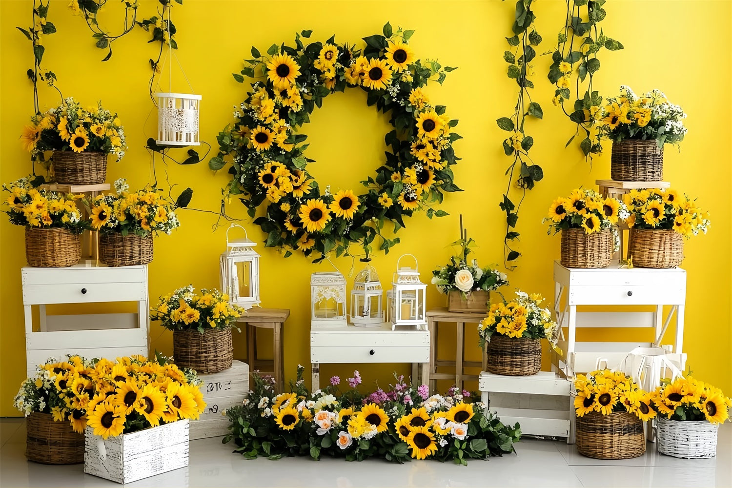 Autumn Sunflower Backdrop Bright Sunflower Wreath Display Fall Photography Backdrops CSH58-221