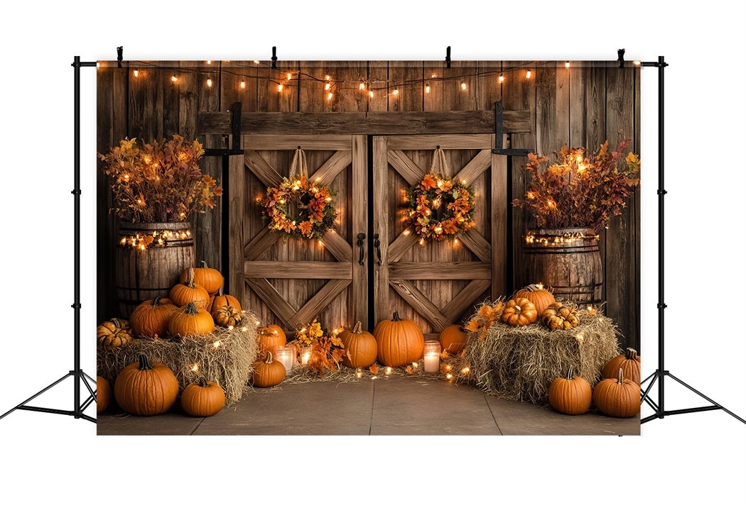 Autumn Rustic Backdrop Wooden Door Pumpkin Lights Fall Photoshoot Backdrop CSH58-224