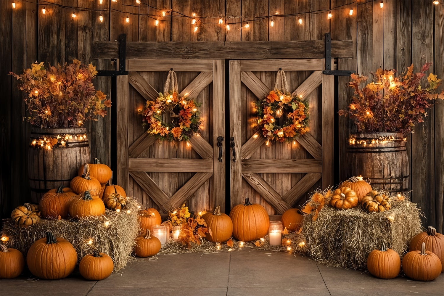 Autumn Rustic Backdrop Wooden Door Pumpkin Lights Fall Photoshoot Backdrop CSH58-224