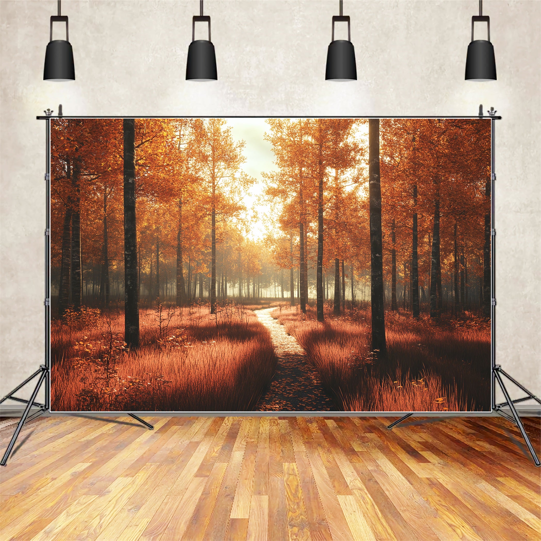 Fall Nature Backdrop Sunlit Path Golden Forest Fall Photography Backdrop CSH58-229