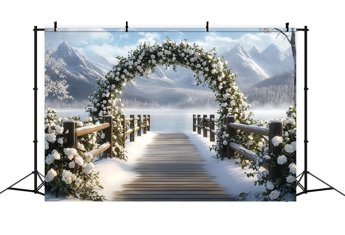 Winter Mountain Backdrop Snowy Rose Arch by Mountain Lake Winter Scene Backdrop CSH58-23