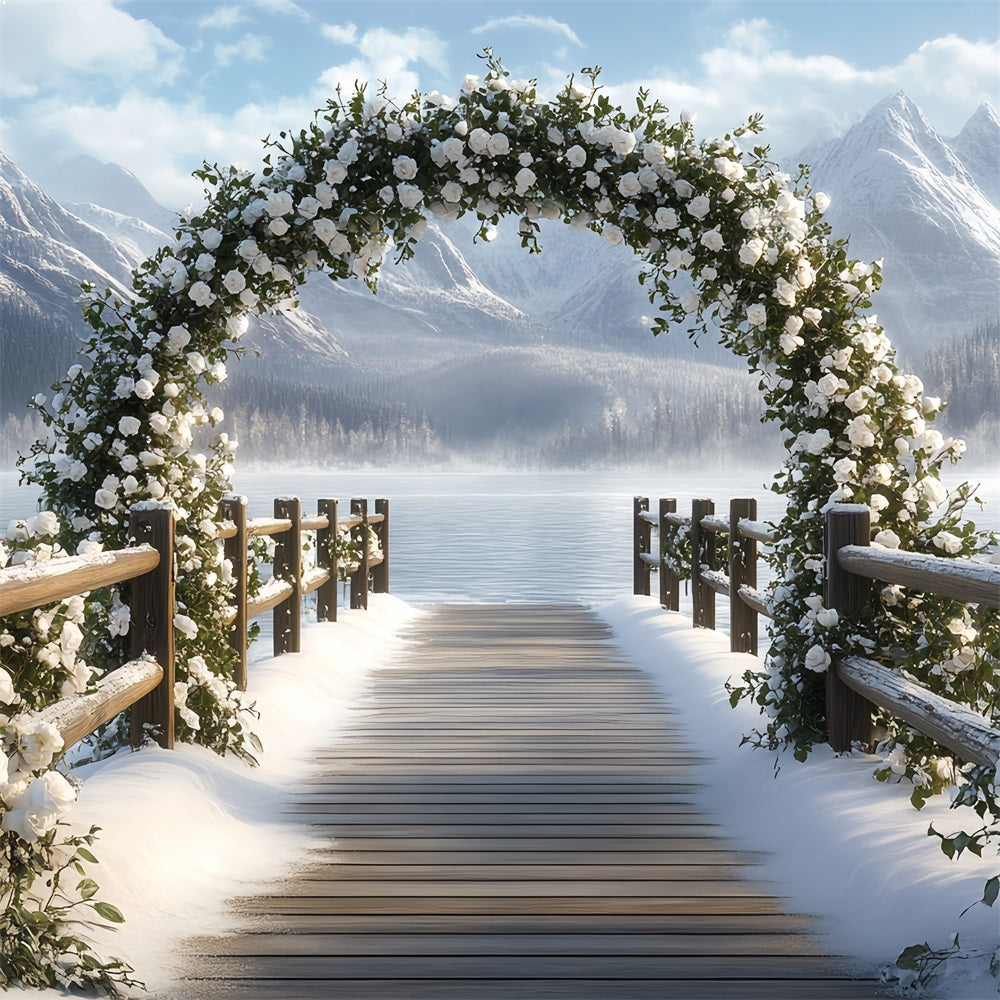 Winter Mountain Backdrop Snowy Rose Arch by Mountain Lake Winter Scene Backdrop CSH58-23