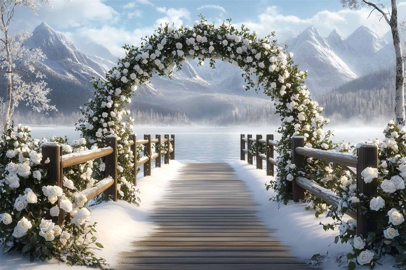 Winter Mountain Backdrop Snowy Rose Arch by Mountain Lake Winter Scene Backdrop CSH58-23