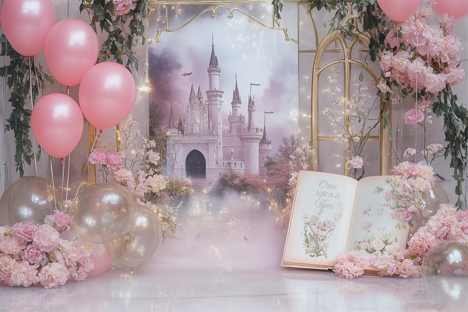 Once Upon a Time Backdrop Pink Castle Balloons Dreambook Newborn Backdrop CSH58-236