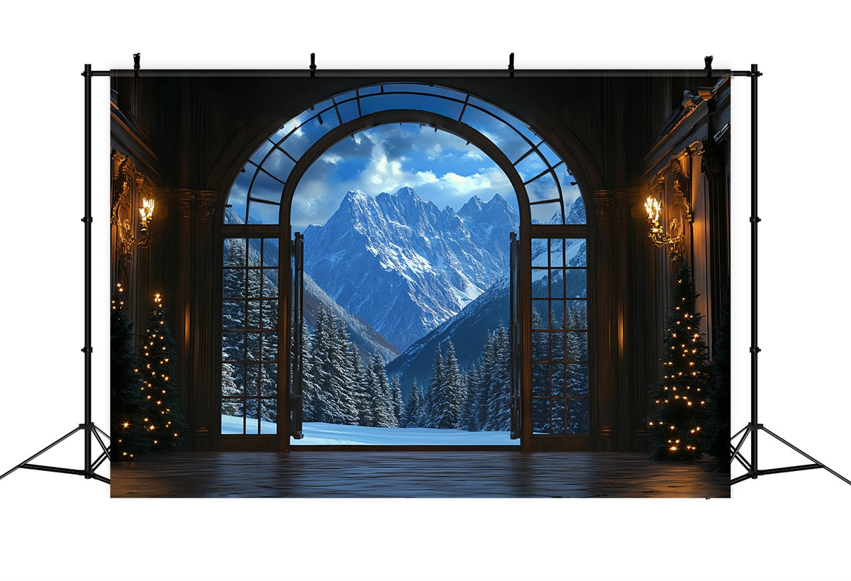 Winter Mountain Backdrop Grand Hall View to Snowy Peaks Winter Window Backdrop CSH58-24