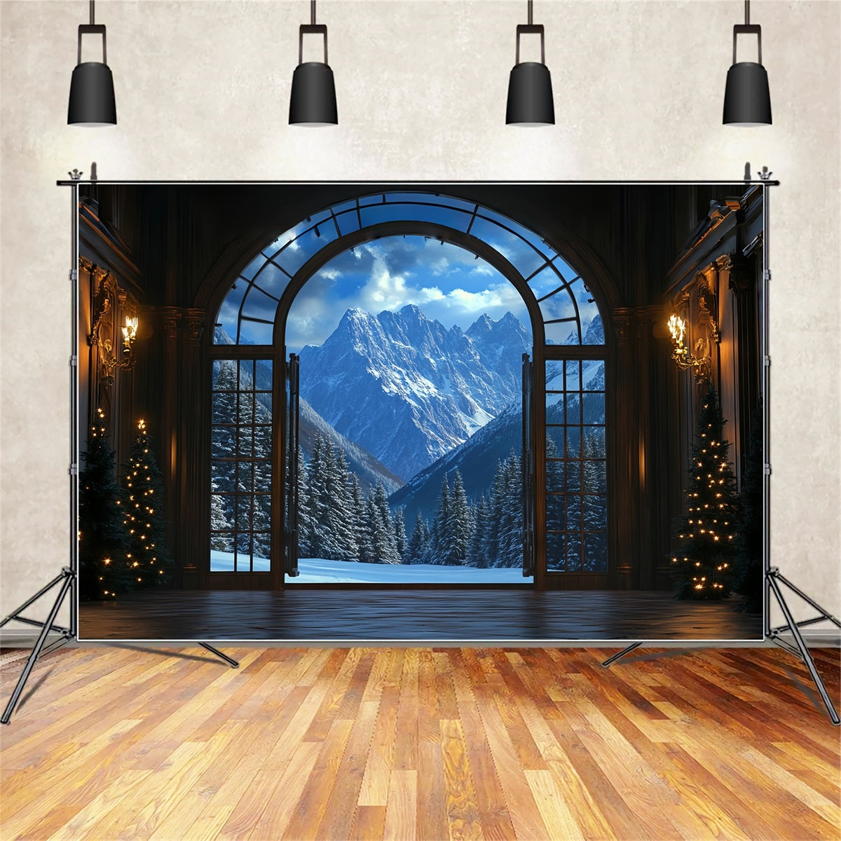 Winter Mountain Backdrop Grand Hall View to Snowy Peaks Winter Window Backdrop CSH58-24