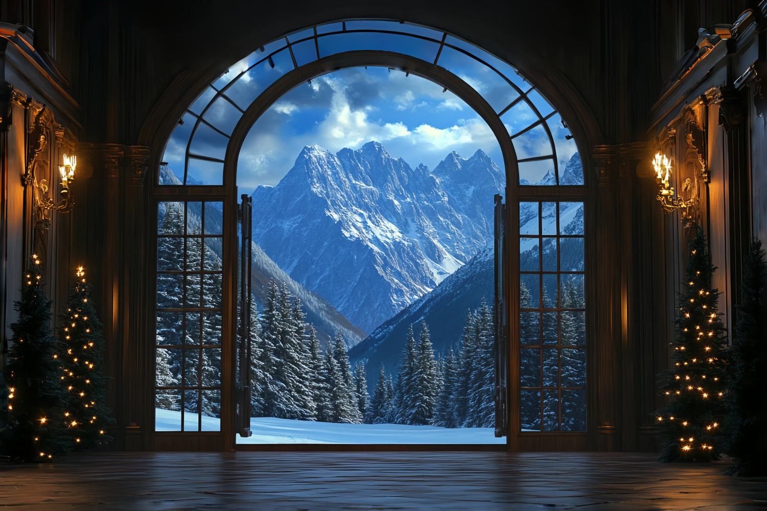 Winter Mountain Backdrop Grand Hall View to Snowy Peaks Winter Window Backdrop CSH58-24