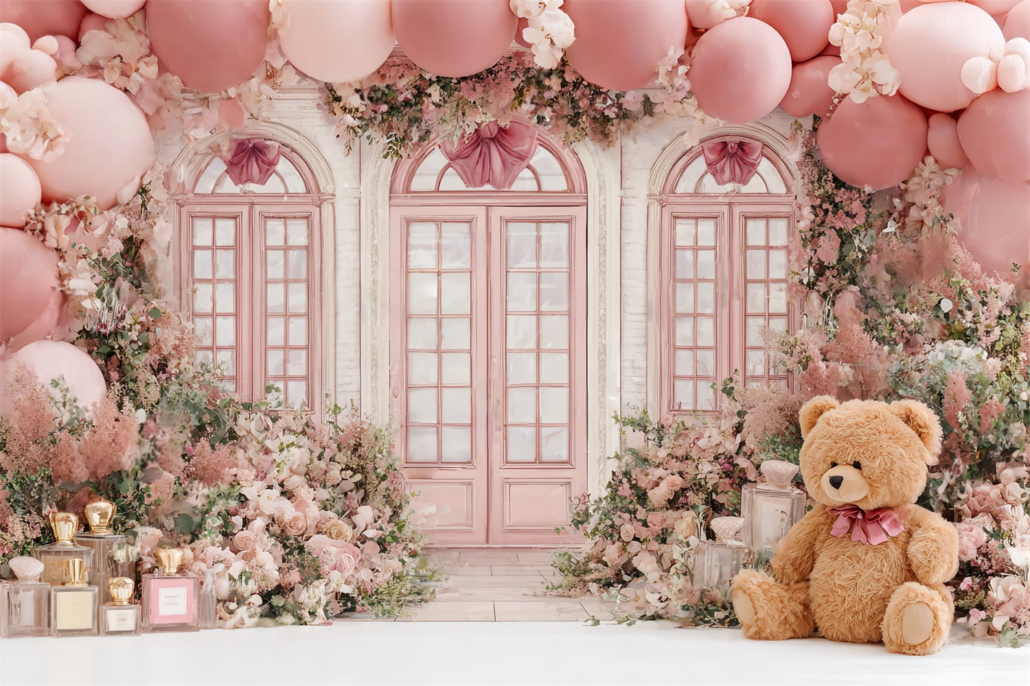 Children Cute Backdrop Pink Teddy Floral Balloon Shop Children Backdrops CSH58-241