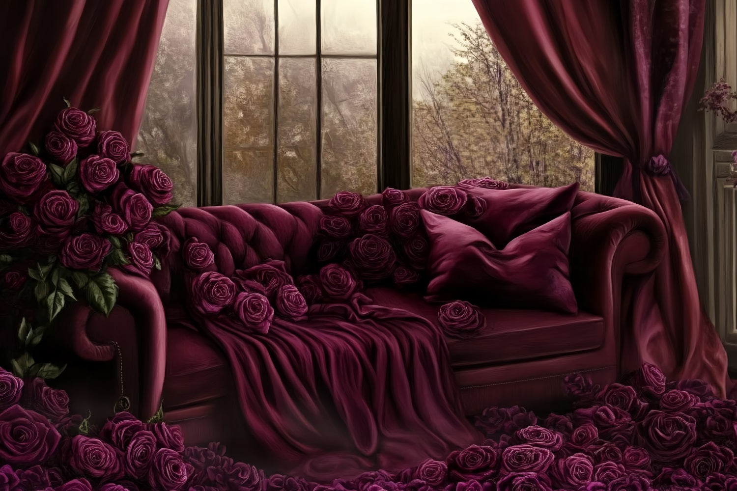 Sexy Boudoir Backdrop Burgundy Roses Velvet Sofa Boudoir Backdrop CSH58-247