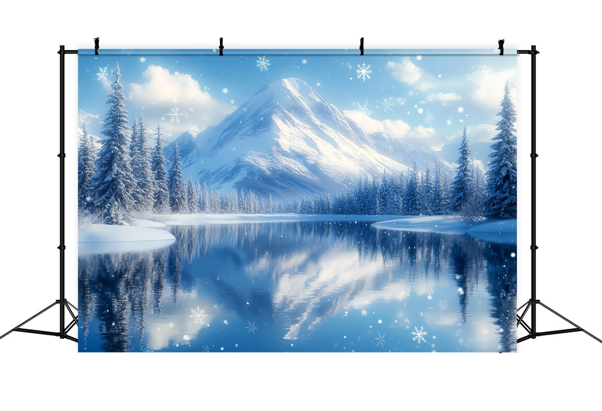 Winter Mountain Backdrop Snowy Mountain Lake with Falling Snowflakes Winter Wonderland Backdrop CSH58-25