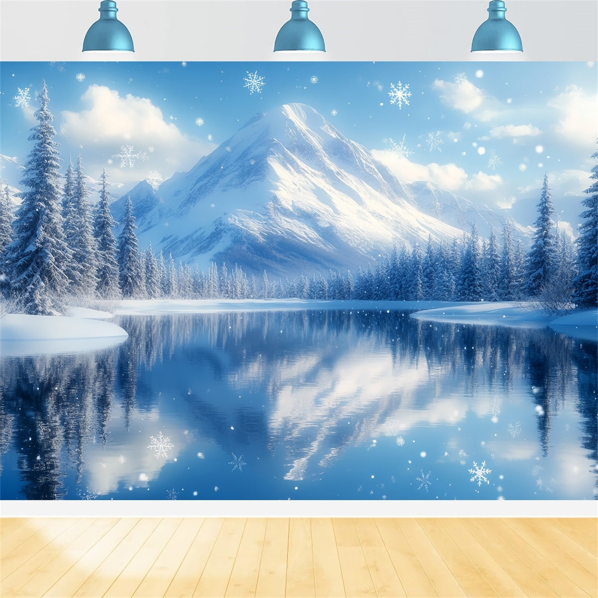 Winter Mountain Backdrop Snowy Mountain Lake with Falling Snowflakes Winter Wonderland Backdrop CSH58-25