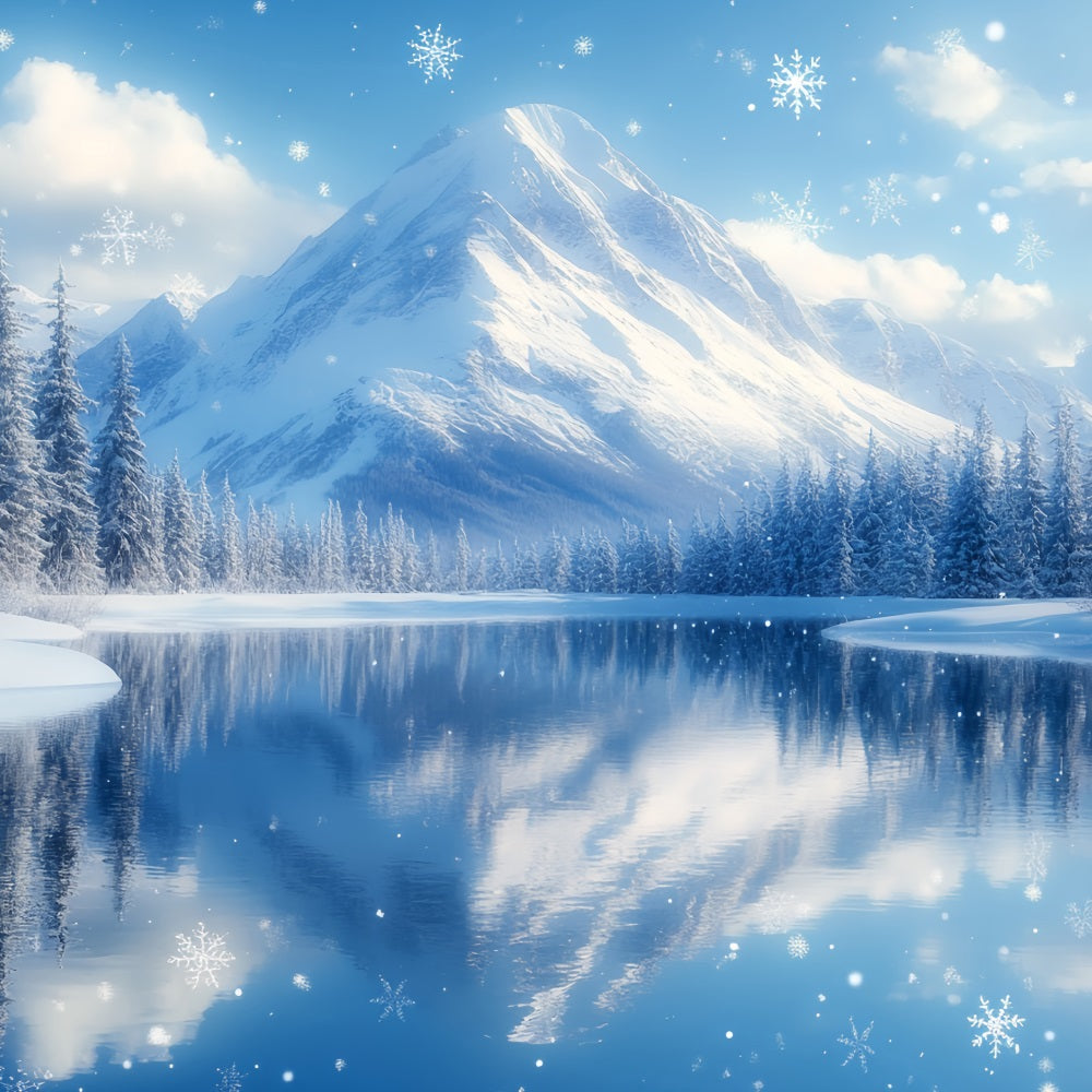 Winter Mountain Backdrop Snowy Mountain Lake with Falling Snowflakes Winter Wonderland Backdrop CSH58-25