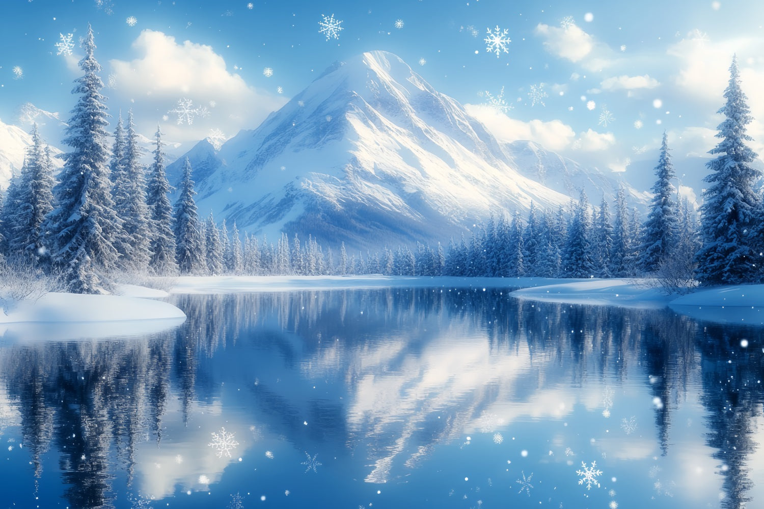 Winter Mountain Backdrop Snowy Mountain Lake with Falling Snowflakes Winter Wonderland Backdrop CSH58-25
