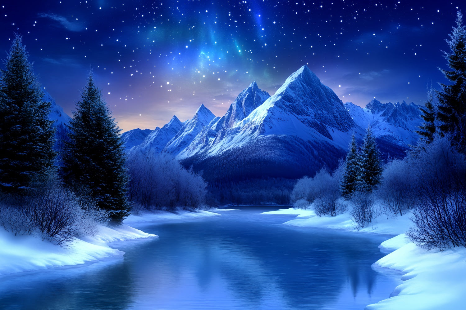 Winter Mountain Backdrop Starry Night Over Frozen River Mountains Winter Wonderland Backdrops CSH58-26