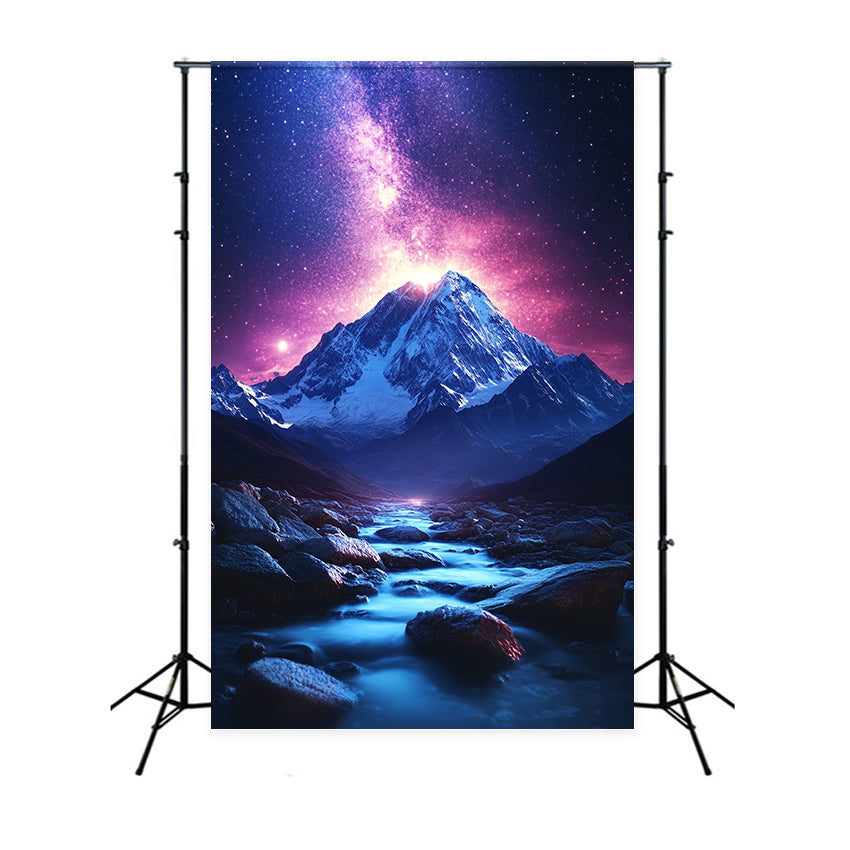 Winter Mountain Backdrop Cosmic Sky Above Snowy Mountain Stream Winter Wonderland Photo Backdrop CSH58-27