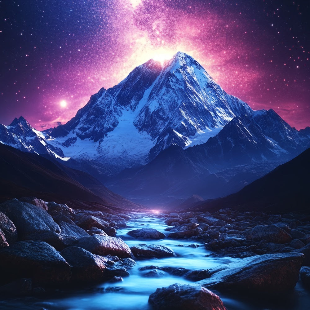Winter Mountain Backdrop Cosmic Sky Above Snowy Mountain Stream Winter Wonderland Photo Backdrop CSH58-27