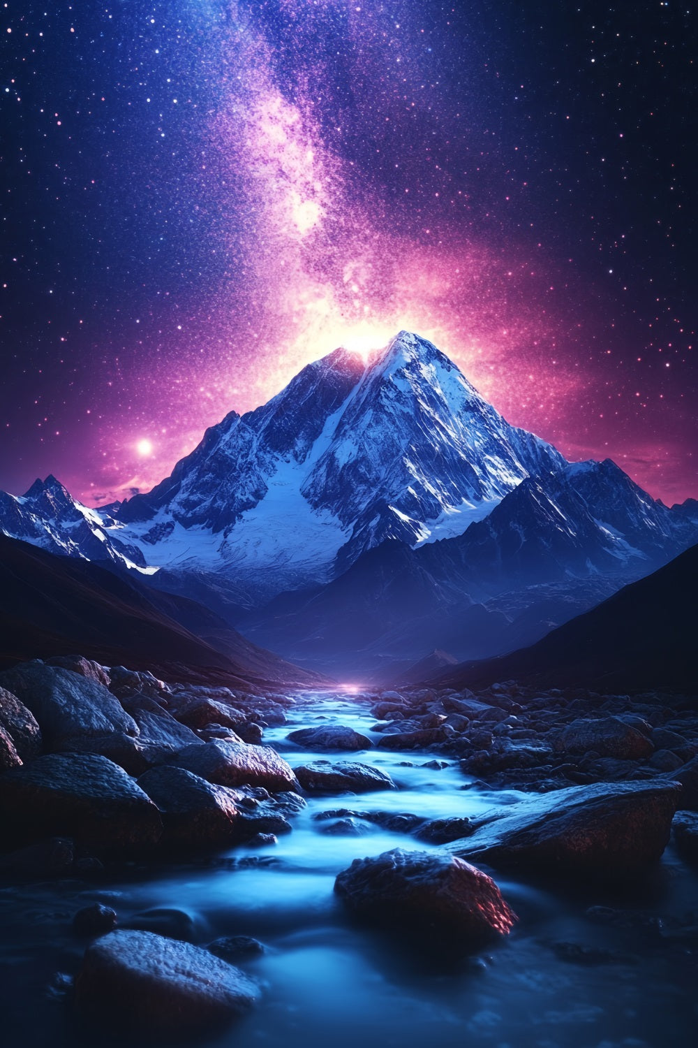 Winter Mountain Backdrop Cosmic Sky Above Snowy Mountain Stream Winter Wonderland Photo Backdrop CSH58-27