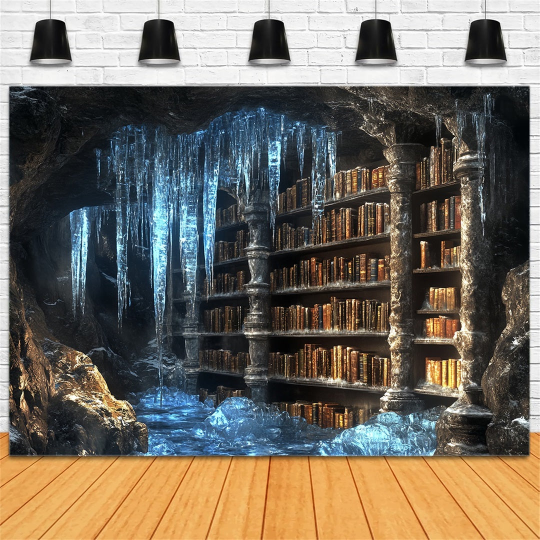 Frozen Backdrop Frozen Cavern Ancient Library with Icicles Winter Backdrop Photography CSH58-32