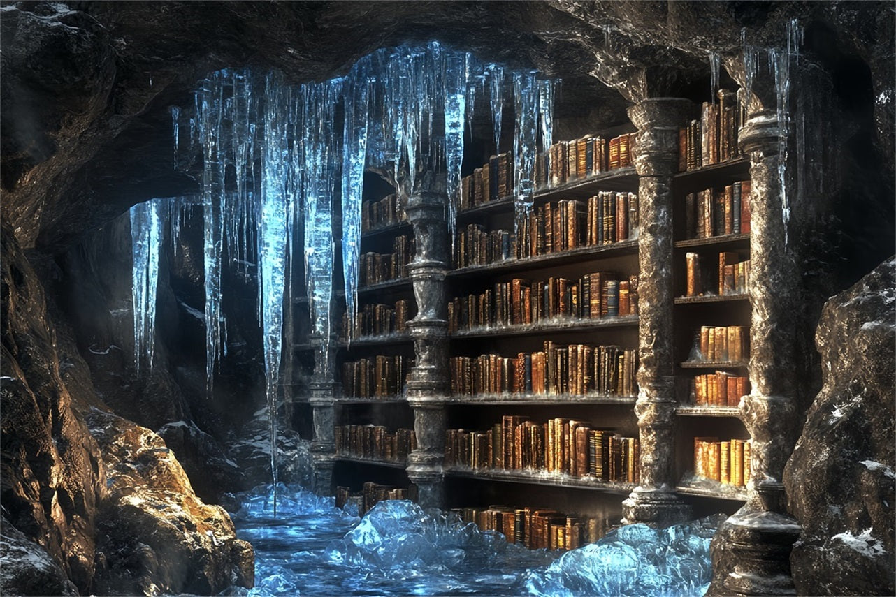 Frozen Backdrop Frozen Cavern Ancient Library with Icicles Winter Backdrop Photography CSH58-32