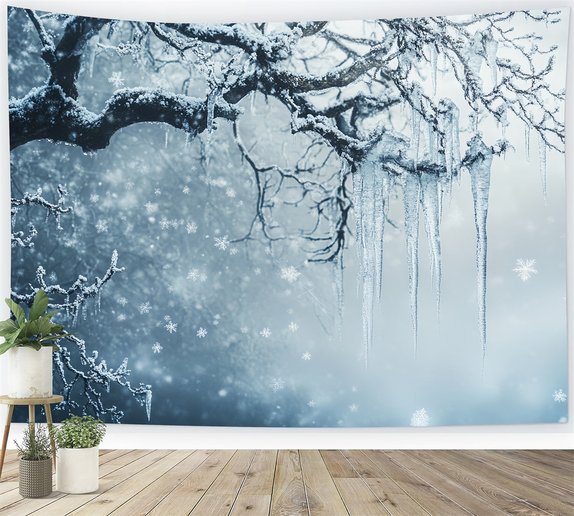 Frozen Backdrop Snowy Tree Branches and Falling Snowflakes Winter Backdrop for Photography CSH58-33