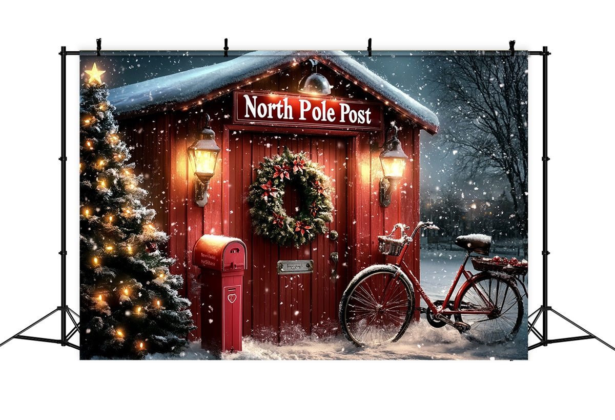 North Pole Backdrop North Pole Red Post Office with Wreath Winter holiday Backdrop CSH58-34