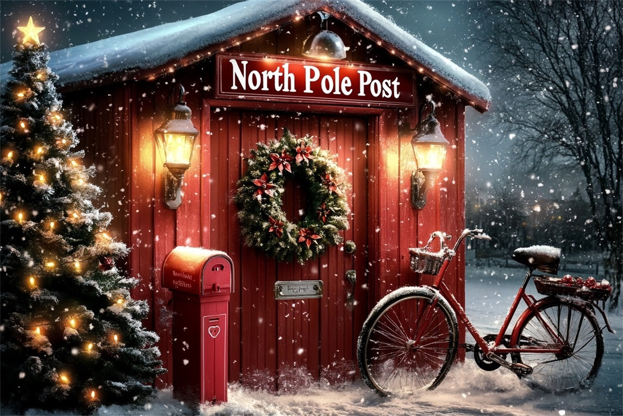 North Pole Backdrop North Pole Red Post Office with Wreath Winter holiday Backdrop CSH58-34