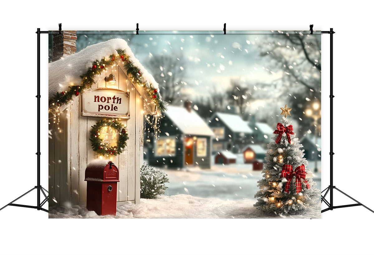 North Pole Backdrop Cozy North Pole Cottage and Christmas Tree Winter Village Backdrop CSH58-35