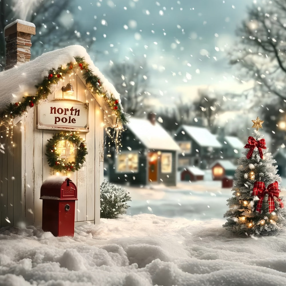 North Pole Backdrop Cozy North Pole Cottage and Christmas Tree Winter Village Backdrop CSH58-35