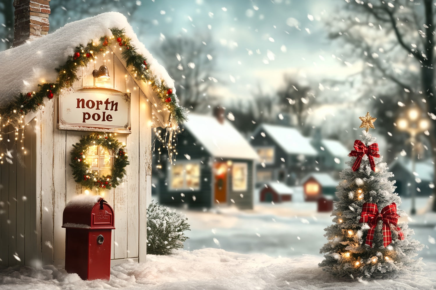 North Pole Backdrop Cozy North Pole Cottage and Christmas Tree Winter Village Backdrop CSH58-35