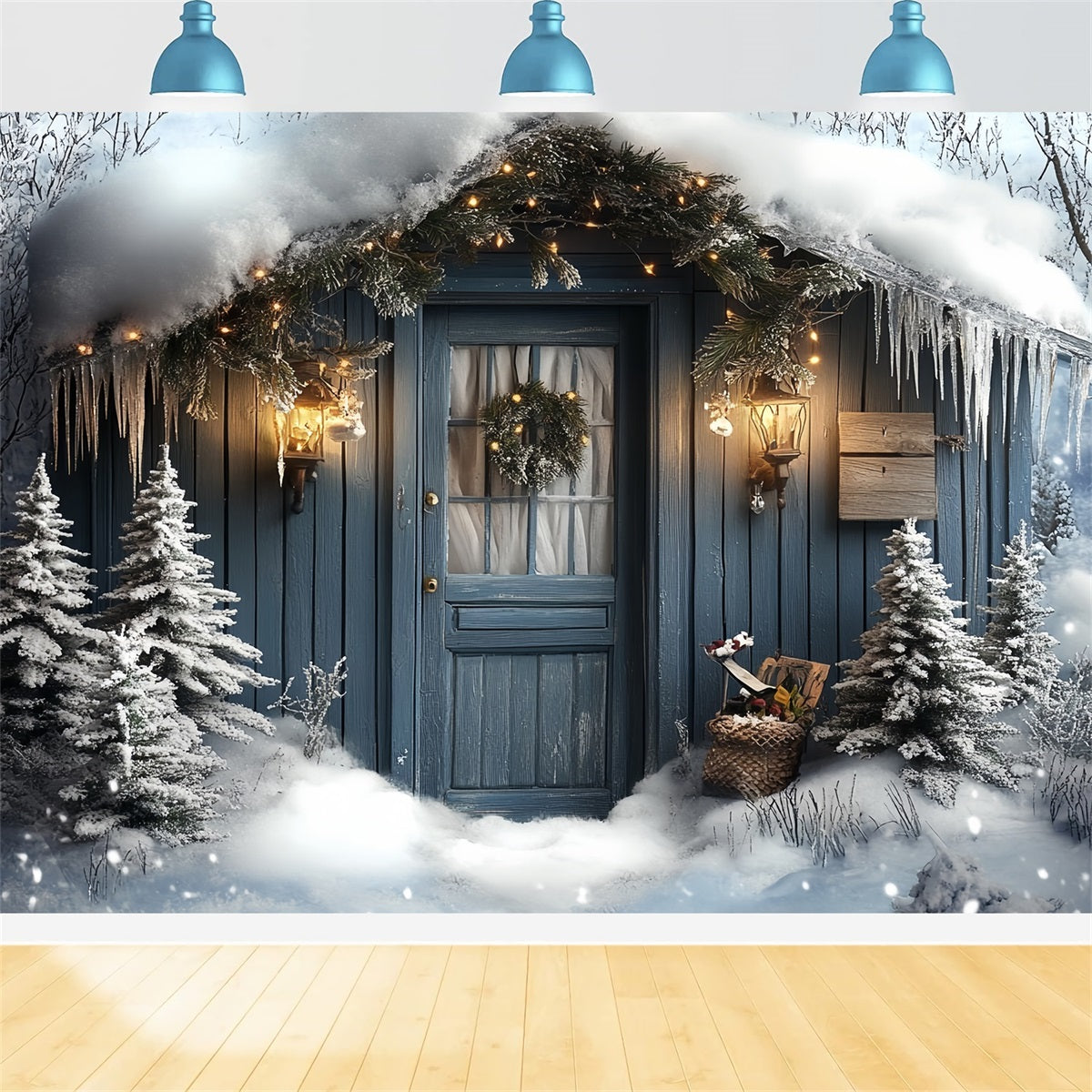 North Pole Backdrop Snowy Cabin Door with Lantern Glow Winter Holiday Backdrop CSH58-37