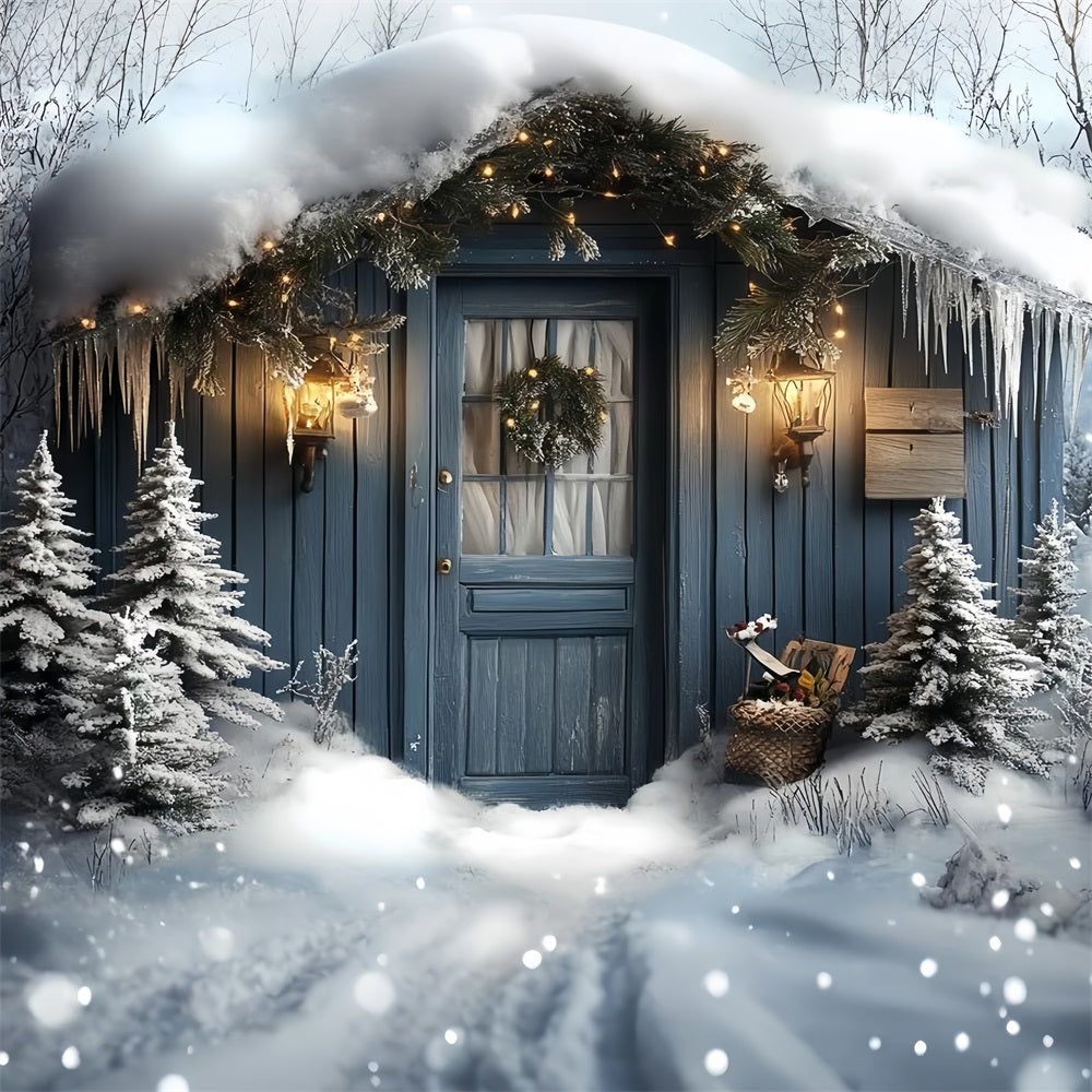 North Pole Backdrop Snowy Cabin Door with Lantern Glow Winter Holiday Backdrop CSH58-37