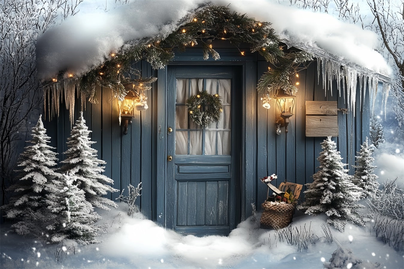 North Pole Backdrop Snowy Cabin Door with Lantern Glow Winter Holiday Backdrop CSH58-37