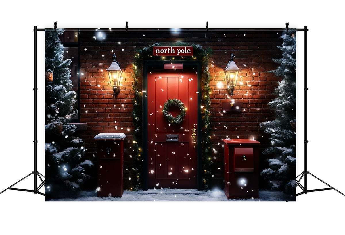 North Pole Backdrop Red Brick Doorway Wreath and Mailboxes Winter Holiday Backdrop CSH58-38