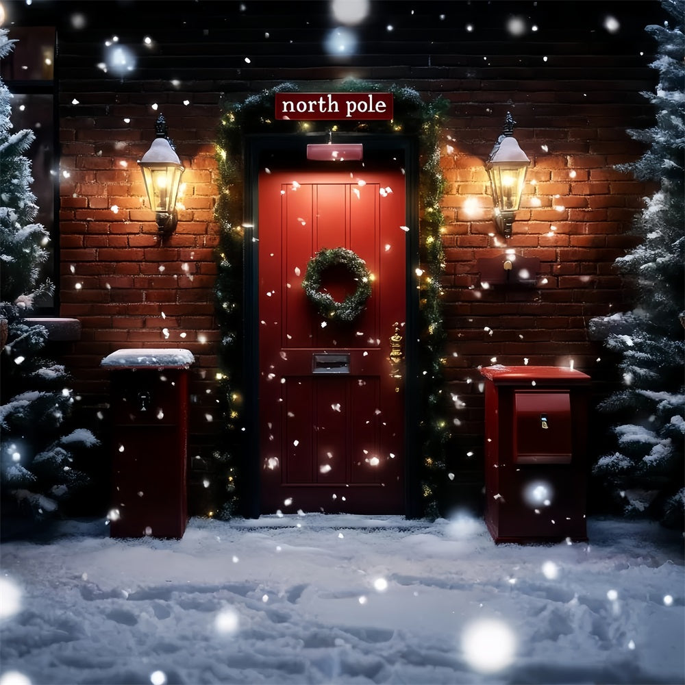 North Pole Backdrop Red Brick Doorway Wreath and Mailboxes Winter Holiday Backdrop CSH58-38