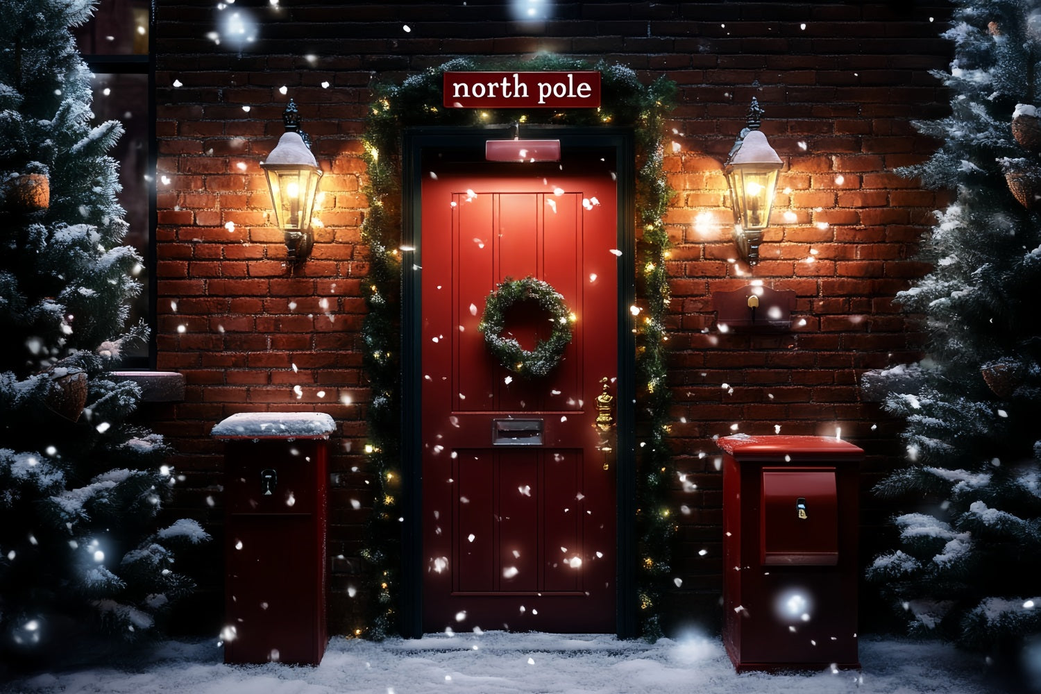 North Pole Backdrop Red Brick Doorway Wreath and Mailboxes Winter Holiday Backdrop CSH58-38