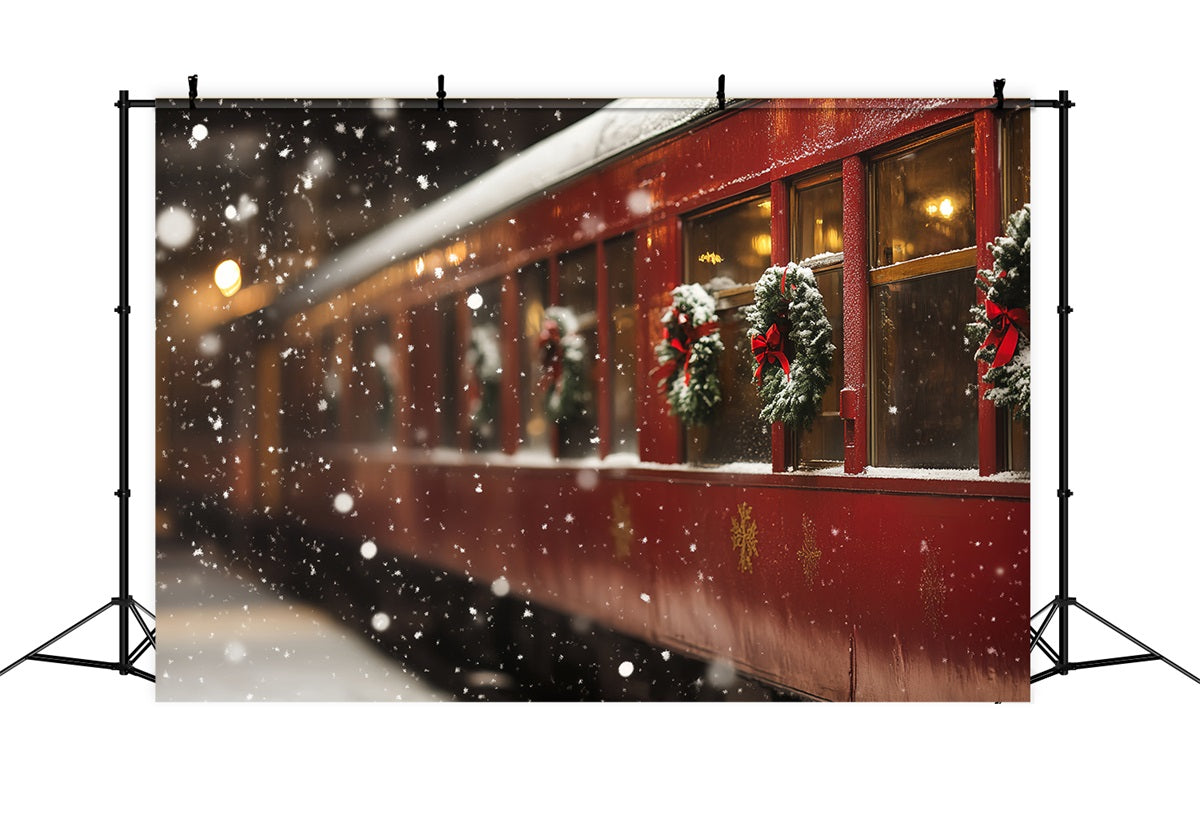 North Pole Backdrop Christmas Wreath Train Carriage Snowfall Winter Holiday Backdrop CSH58-39