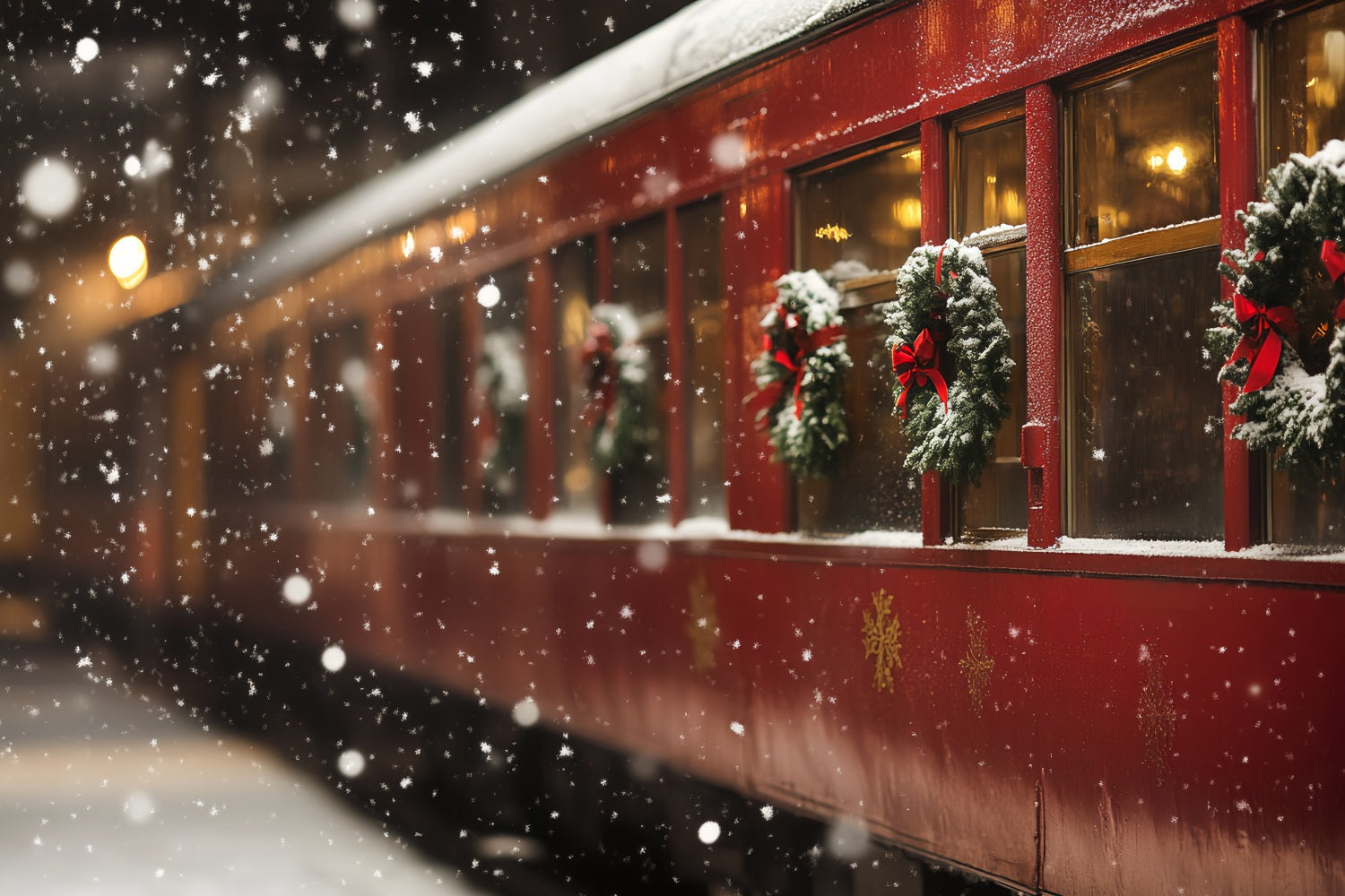 North Pole Backdrop Christmas Wreath Train Carriage Snowfall Winter Holiday Backdrop CSH58-39