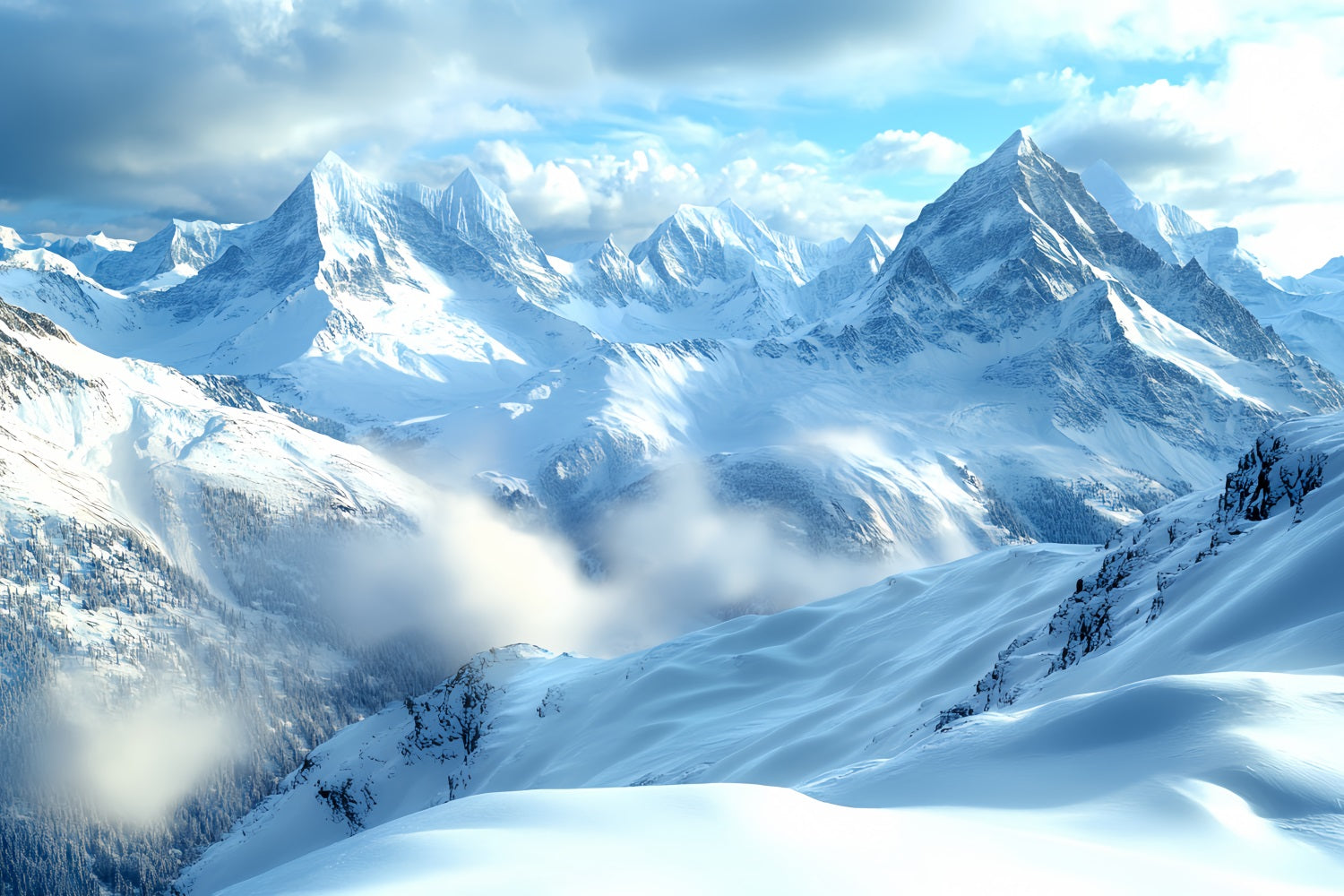 Nature Backdrop Clear Sky Rolling Snowy Mountains Winter Photography Backdrops CSH58-40