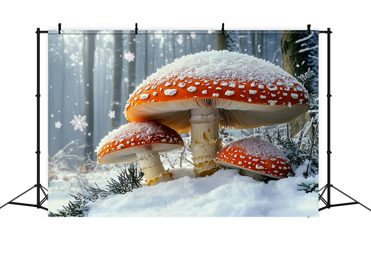 Nature Backdrop Winter Fairytale Snowfall Giant Red Mushroom Winter Photo Backdrops CSH58-43