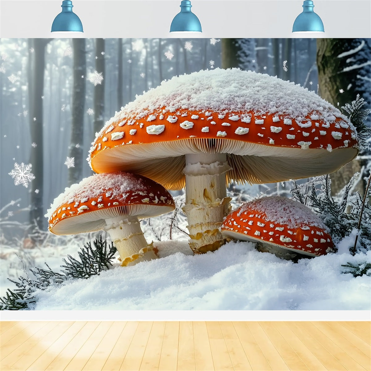 Nature Backdrop Winter Fairytale Snowfall Giant Red Mushroom Winter Photo Backdrops CSH58-43