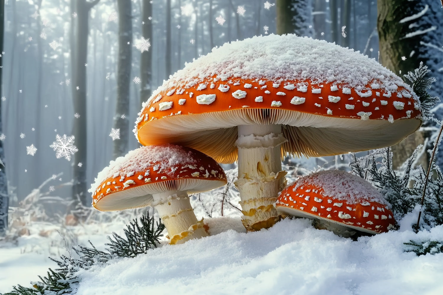 Nature Backdrop Winter Fairytale Snowfall Giant Red Mushroom Winter Photo Backdrops CSH58-43