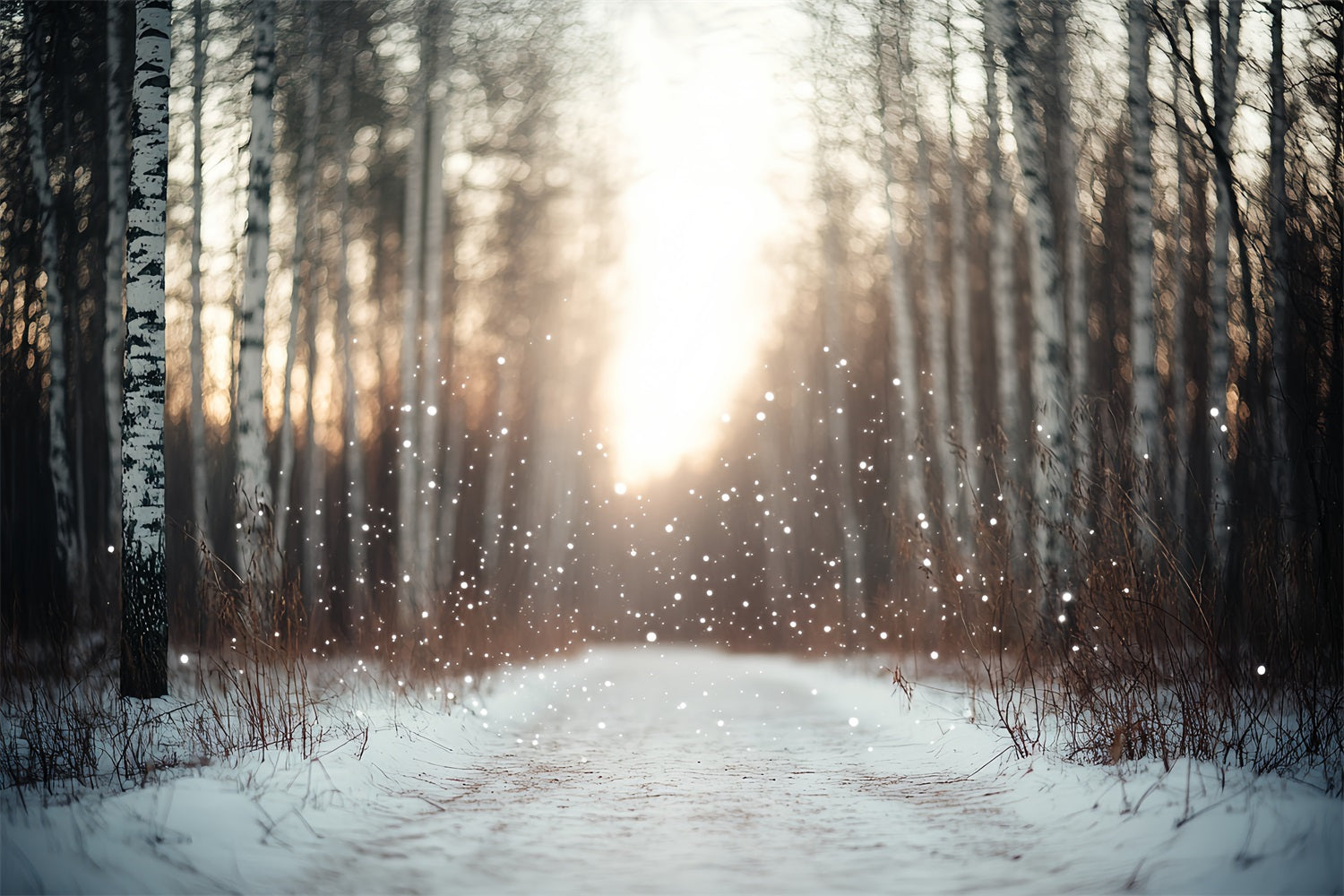 Nature Backdrop Falling Snow Birch Forest Blurred Backlight Winter Backdrops for Photography CSH58-44