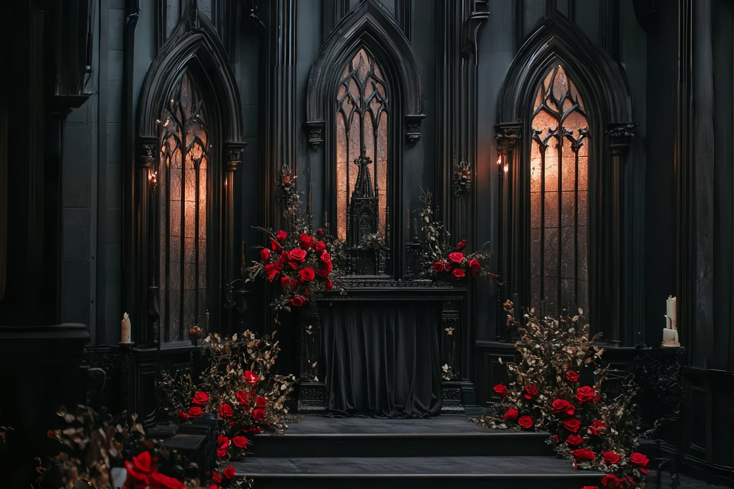 Gothic Backdrop Black Gothic Altar Roses Halloween Photo Backdrop Ideas CSH58-49